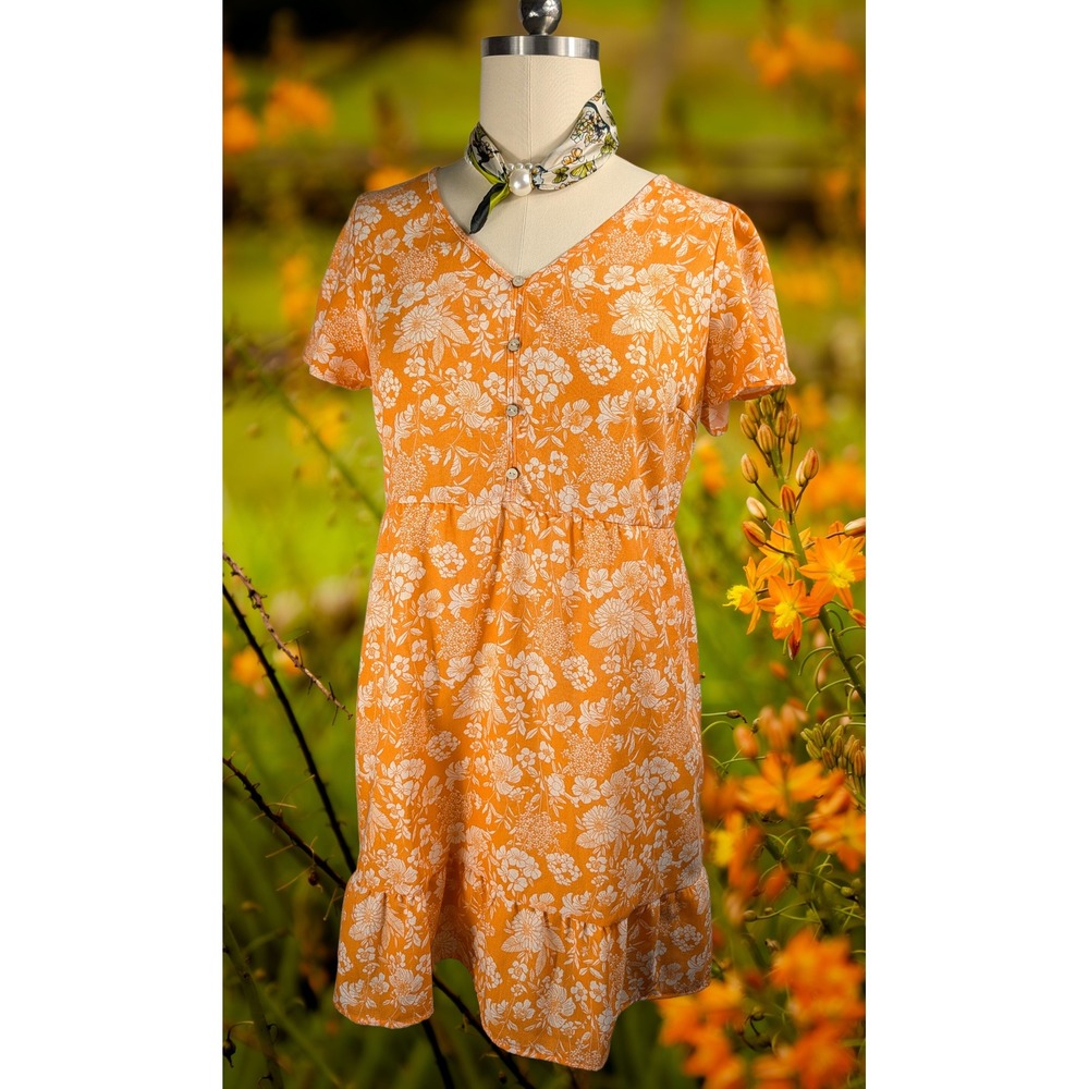Naif XL Orange Floral Linen look and feel Fall Dress V-Neck Ruffle Hem